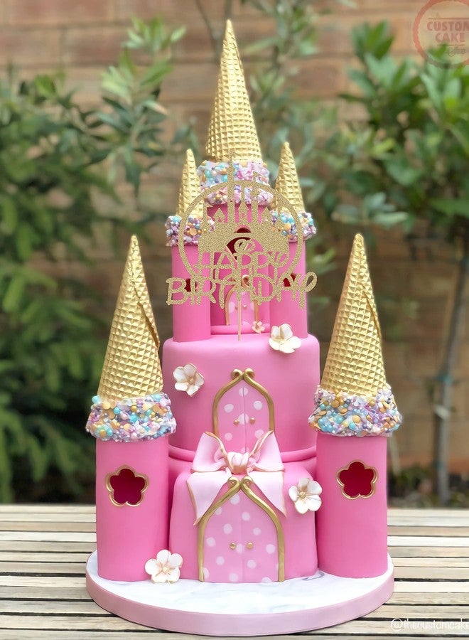 AHAORAY Castle Birthday Cake Topper - Gold Glitter Castle Theme Birthday Party Cake Decoration Supply - Princess Prince Happy Birthday Cake Topper Photo Prop - Image 3